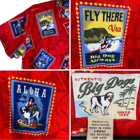 LARGE Red BIG DOGS Aloha Button Up Women’s Shirt World Travel Stamps St. Bernard - Picture 3 of 3